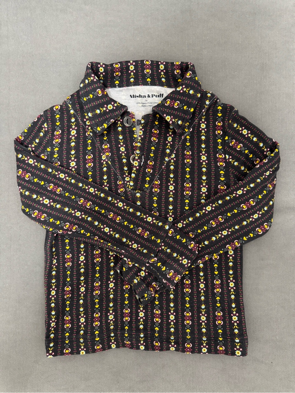 Misha And Puff Black Button-Down Shirt with Yellow & Pink Floral Stripe